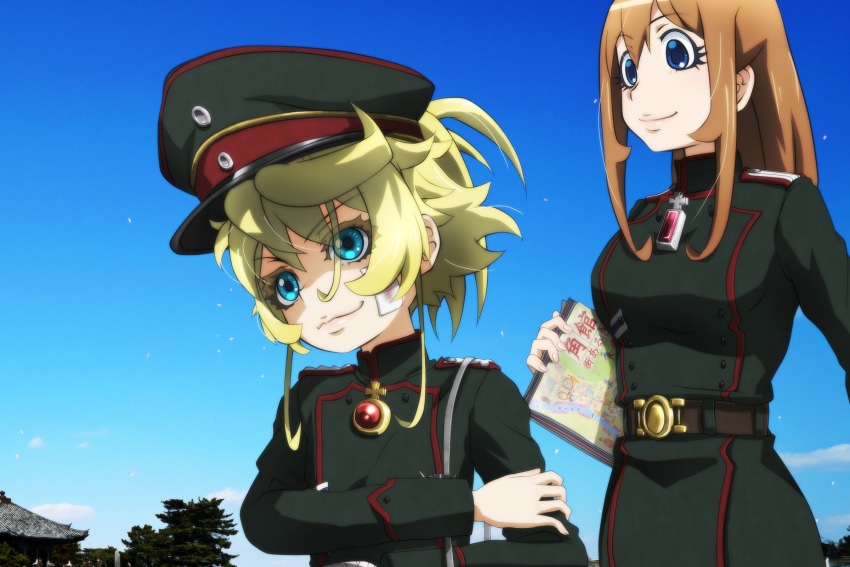 2girls architecture bandage_on_face bandages belt blonde_hair blue_eyes brown_belt brown_hair east_asian_architecture genya_(genya67) hat highres holding holding_map map military military_hat military_uniform multiple_girls outdoors ponytail sky standing tanya_degurechaff tree viktoriya_ivanovna_serebryakov youjo_senki