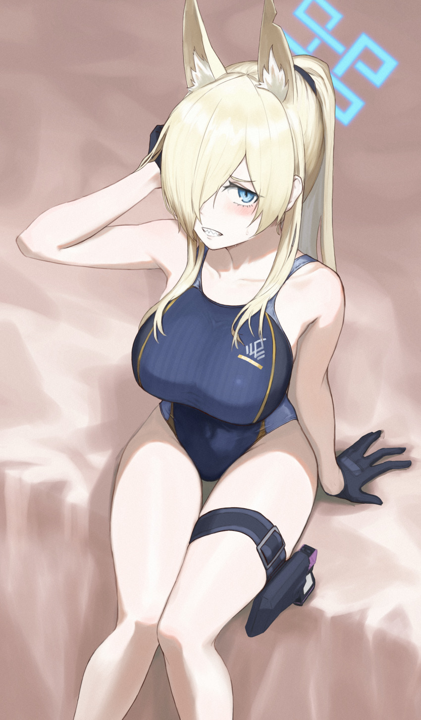 1girl absurdres alternate_costume animal_ear_fluff animal_ears bare_arms bare_shoulders black_gloves black_one-piece_swimsuit blonde_hair blue_archive blue_eyes blush breasts competition_swimsuit covered_navel dog_ears dog_girl extra_ears gloves gun hair_over_one_eye halo handgun highleg highleg_one-piece_swimsuit highres holster holstered izumo_(ton_63) kanna_(blue_archive) large_breasts long_hair looking_at_viewer notched_ear one-piece_swimsuit sharp_teeth solo swimsuit teeth thigh_holster thigh_strap weapon