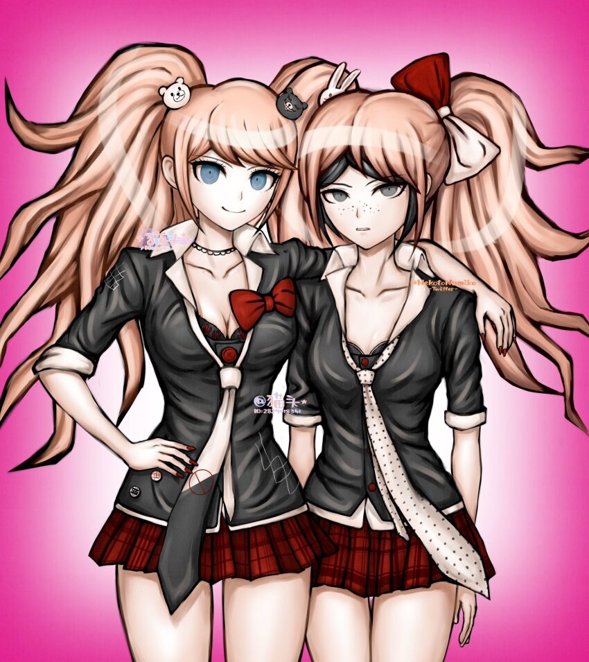 2girls black_hair blonde_hair breasts cleavage cosplay danganronpa:_trigger_happy_havoc danganronpa_(series) enoshima_junko enoshima_junko_(cosplay) highres ikusaba_mukuro incest looking_at_viewer multicolored_hair multiple_girls nekotonamiko pink_background siblings simple_background sisters tagme twincest twins white_background wig yuri