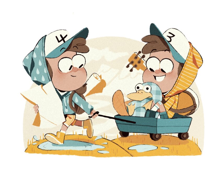 baseball_cap boots brother_and_sister brown_hair dipper_pines grass gravity_falls guitar hat highres holding holding_paper hood hoodie instrument mabel_pines outdoors paper platypus procyoren puddle rubber_boots shorts siblings smile striped_clothes twins wagon