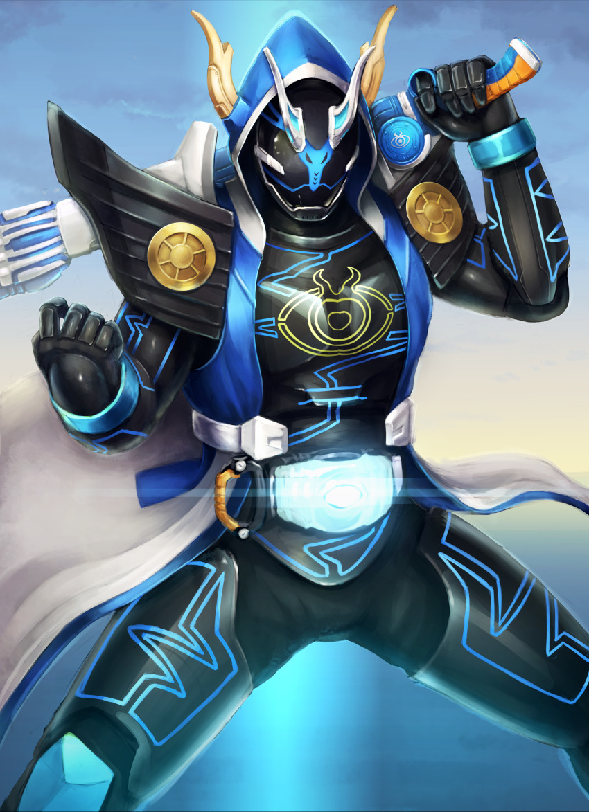 1boy absurdres aki7 alternate_costume armor aura black_armor black_eyes blue_mask blue_sky club_(weapon) coattails rider_belt gan_gun_hand ghost_driver gold_horns highres holding holding_weapon hood horns kamen_rider kamen_rider_ghost_(series) kamen_rider_specter lightning_bolt_print male_focus mask official_alternate_costume oni_horns over_shoulder parka rider_belt rock ryoma_damashii samurai shoulder_armor sky spirit tokusatsu wavy_mouth weapon weapon_over_shoulder
