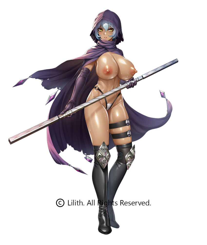 1girl aqua_hair bare_shoulders boots breasts cape cloak copyright_name covered_navel curvy full_body gloves highres holding holding_weapon hood hooded_coat huge_breasts impossible_clothes kurotani_kai large_areolae lilith-soft lips looking_at_viewer nipples polearm puffy_nipples rabidhowl revealing_clothes shiny_clothes shiny_skin simple_background solo sweat taimanin_(series) taimanin_rpgx thong weapon white_background wide_hips yellow_eyes