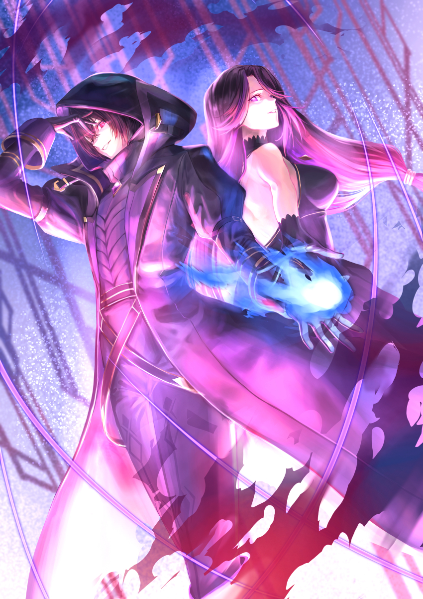 1boy 1girl absurdres aurora_(kage_no_jitsuryokusha_ni_naritakute!) black_coat black_dress black_gloves black_hair black_pants breasts cid_kagenou coat dress gloves highres hood hood_up kage_no_jitsuryokusha_ni_naritakute! large_breasts long_hair looking_at_viewer pants purple_eyes purple_hair qdx4p red_eyes shadow_(cid_kagenou) short_hair smile tagme very_long_hair