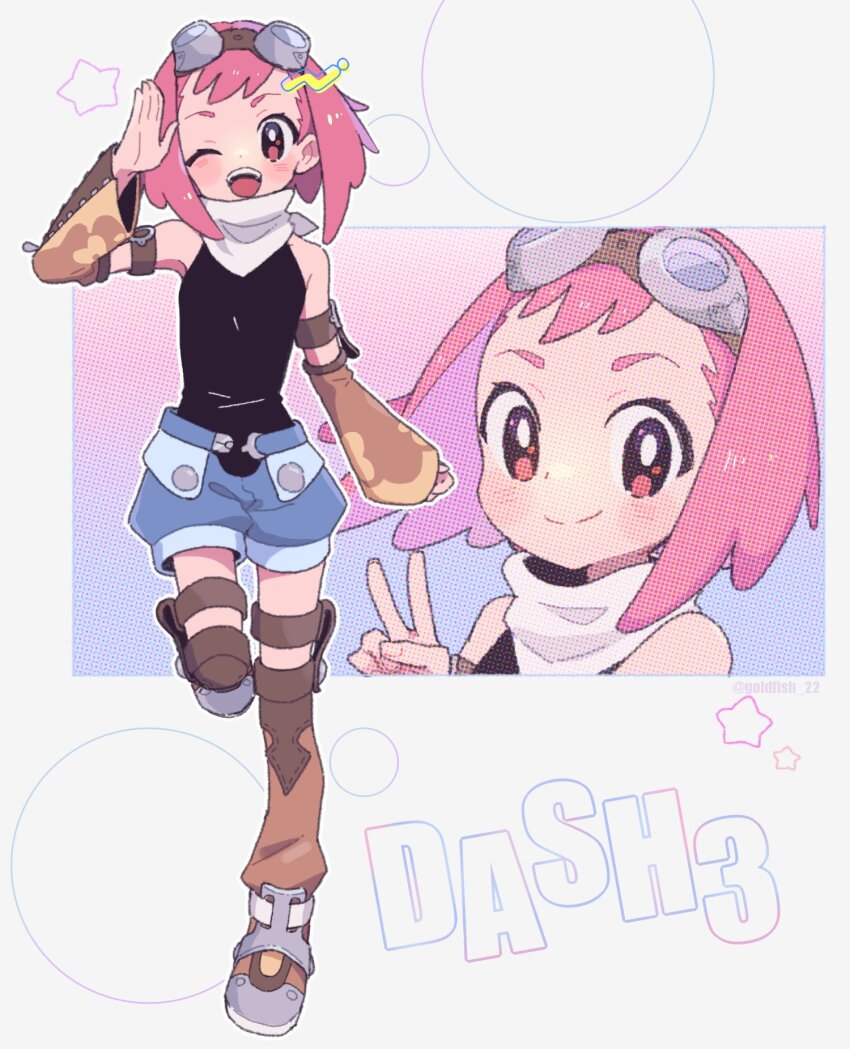 1girl aero_(mega_man) closed_mouth detached_sleeves full_body goggles goggles_on_head green_eyes highres kingyo_(g-fish) long_hair looking_at_viewer mega_man_(series) mega_man_legends_(series) mega_man_legends_3 one_eye_closed open_mouth pink_hair red_eyes shorts smile solo thighhighs v