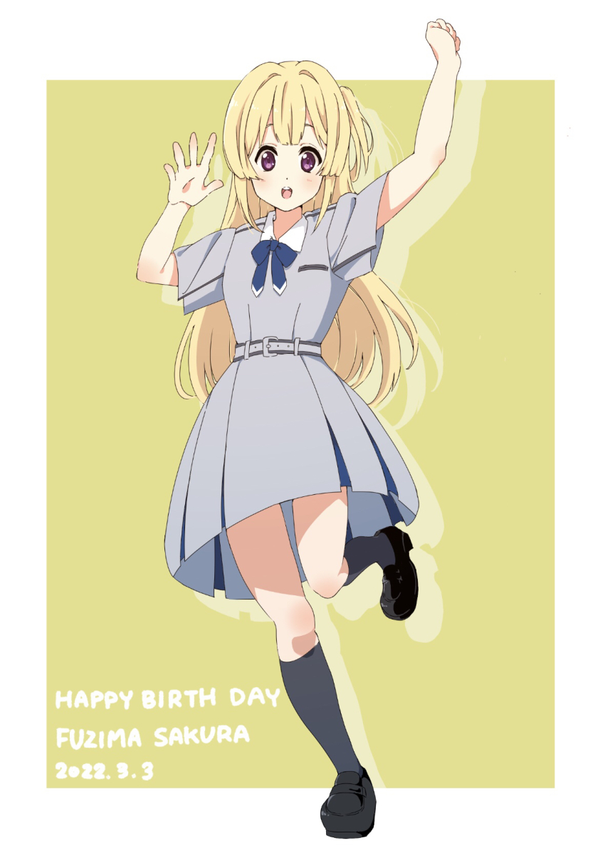 1girl 22/7 arm_up belt blonde_hair blue_belt blue_bow blue_bowtie blue_dress boku_wa_sonzai_shiteinakatta border bow bowtie character_name clenched_hand dated dress fujima_sakura full_body hair_rings happy_birthday highres leg_up long_hair looking_at_viewer one_side_up open_hand open_mouth outside_border outstretched_arm purple_eyes short_sleeves single_hair_ring solo standing standing_on_one_leg tanpaku_(oqu_2) teeth upper_teeth_only white_border yellow_background