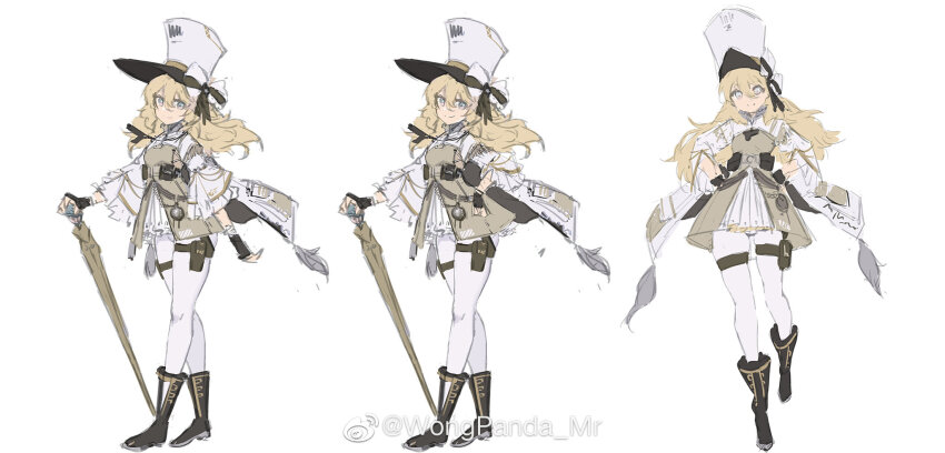 1girl bad_id bad_weibo_id bahao_diqiu blonde_hair boots concept_art dress full_body girls&#039;_frontline hat highres kolibri_(girls&#039;_frontline) long_hair looking_at_viewer multiple_views pantyhose simple_background watermark weibo_watermark white_background white_pantyhose