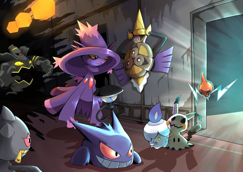 aegislash banette colored_sclera colored_skin dark dusknoir gen_1_pokemon gen_3_pokemon gen_4_pokemon gen_5_pokemon gen_6_pokemon gen_7_pokemon gengar grey_skin highres lampent litwick mimikyu mismagius nintendo no_humans pokemon pokemon_(creature) purple_skin q-chan red_carpet red_sclera rotom sidelighting zipper_pull_tab