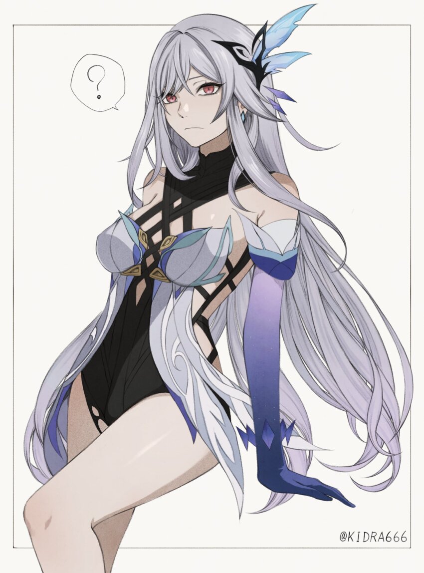 1girl ? bake_ryori bare_shoulders black_leotard breasts detached_sleeves feet_out_of_frame genshin_impact grey_background grey_hair hair_ornament highres leotard long_hair looking_at_viewer pink_eyes short_sleeves simple_background sitting skirk_(genshin_impact) small_breasts solo spoken_question_mark thighs very_long_hair
