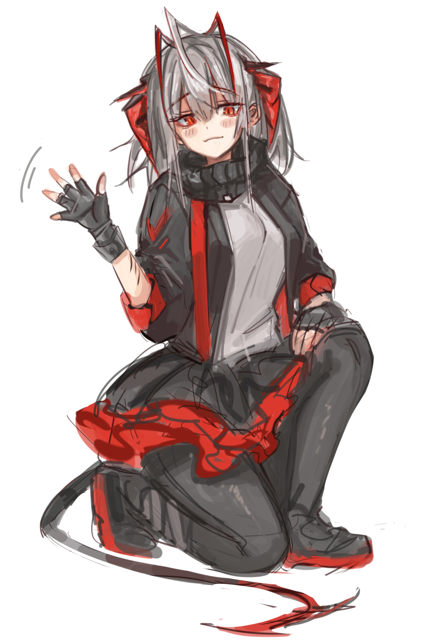 1girl absurdres arknights black_gloves black_jacket black_pantyhose black_shoes black_skirt blush_stickers closed_mouth fingerless_gloves full_body gloves grey_hair hair_between_eyes hand_up highres jacket kaguura_(kagu) long_sleeves looking_at_viewer motion_lines on_one_knee open_clothes open_jacket pantyhose red_eyes shirt shoes simple_background sketch skirt smile solo tail w_(arknights) waving white_background white_shirt