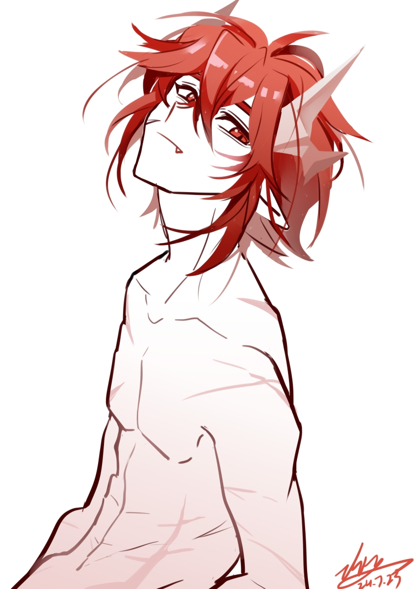 1boy abs absurdres aotu_world artist_name bishounen chinese_commentary closed_mouth collarbone dated fang fang_out glasses hair_between_eyes head_tilt headgear highres limited_palette looking_at_viewer male_focus nipples nude pectorals pius_(aotu_world) pointy_ears red_eyes red_hair scar scar_on_chest scar_on_face scar_on_shoulder scar_on_stomach short_hair signature simple_background smile solo toned toned_male topless_male ukion965 upper_body white_background
