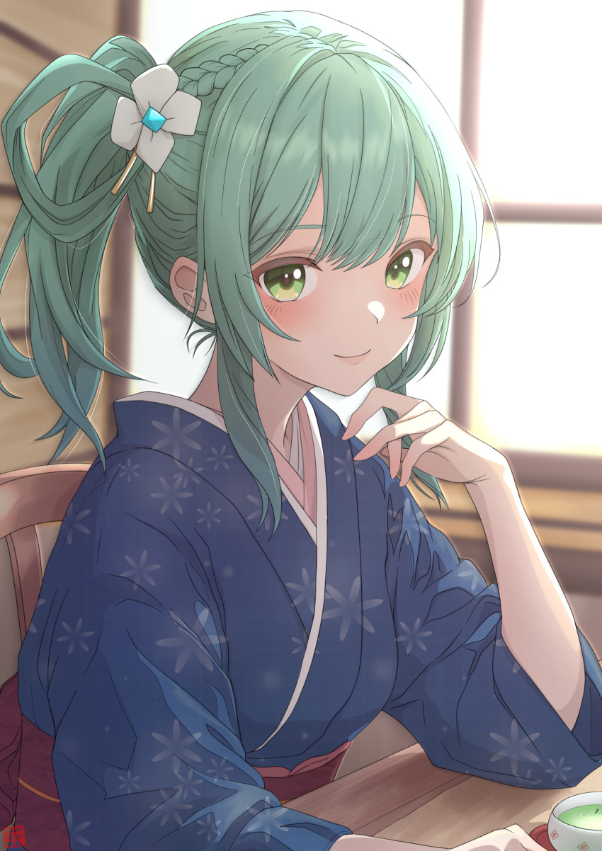 arm_on_table blue_kimono blurry blurry_background blush braid breasts chair character_request closed_mouth commentary_request copyright_request cup depth_of_field double-parted_bangs drink elbow_on_table flower green_eyes green_hair hair_flower hair_ornament half_up_braid hand_up highres japanese_clothes kimono long_hair long_sidelocks long_sleeves looking_at_viewer mikan_mizu obi on_chair print_kimono red_sash sash side_ponytail sidelocks sitting smile snowflake_print table upper_body virtual_youtuber white_flower window windowsill wooden_chair wooden_table