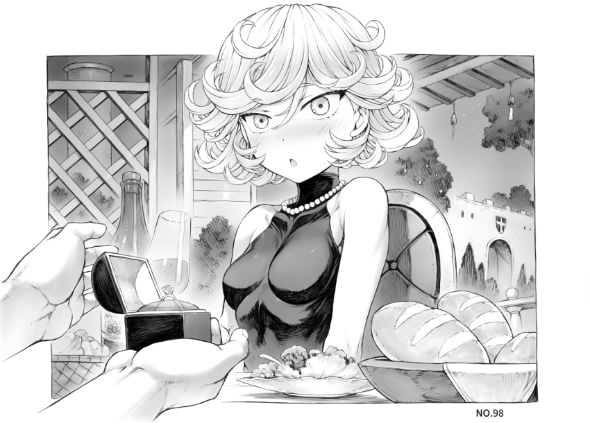 1girl blush bottle bread breasts cup curly_hair dress drinking_glass food greyscale jewelry mogudan monochrome necklace one-punch_man pearl_necklace marriage_proposal restaurant ring salad short_hair sleeveless sleeveless_dress small_breasts surprised tatsumaki wine_bottle wine_glass