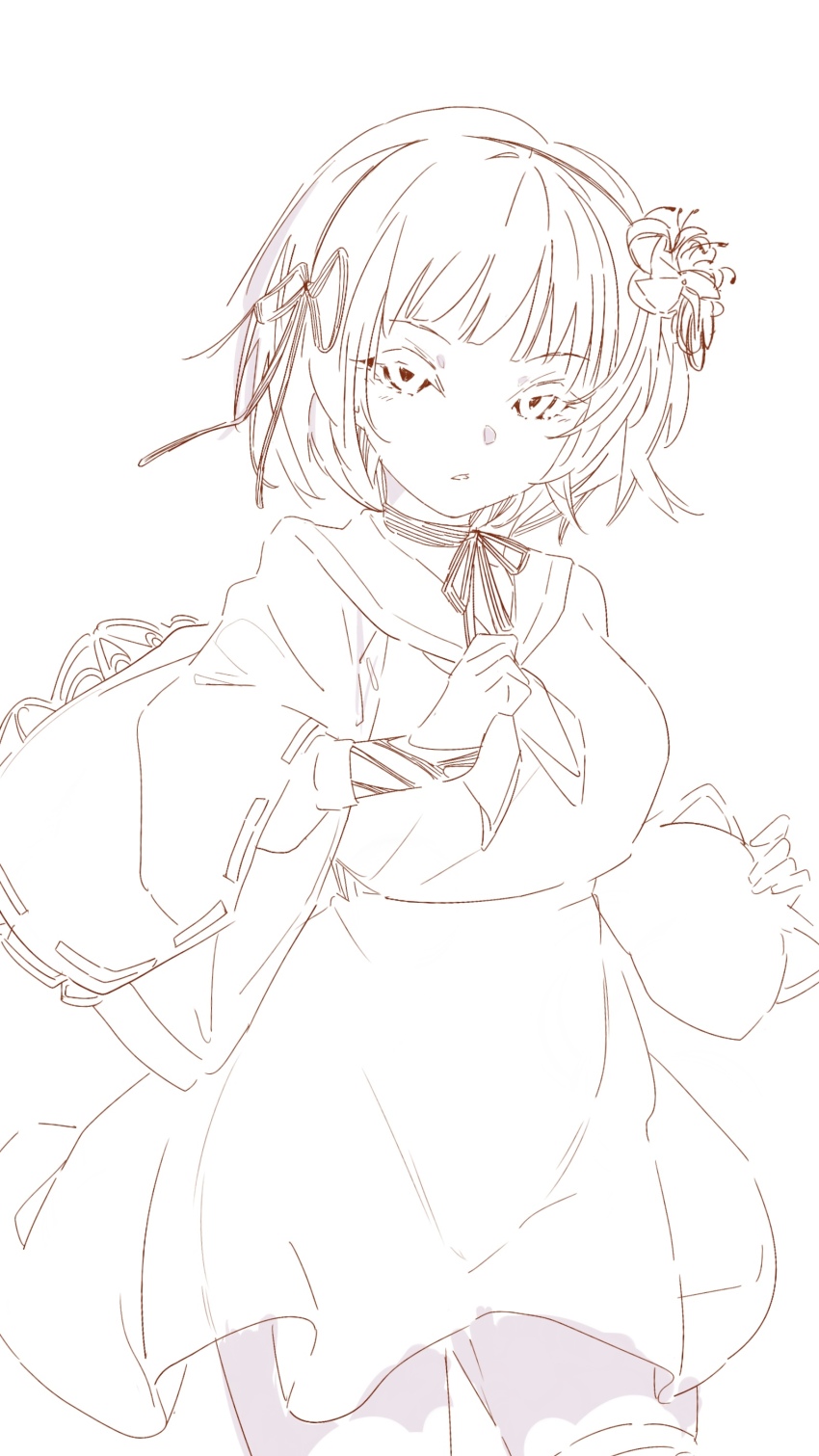 1girl absurdres assault_lily bow_hairband breasts capelet commentary_request cowboy_shot flower greyscale hair_flower hair_ornament hair_ribbon hairband hands_up high-waist_skirt highres kuro_ula layered_sleeves light_blush lineart long_sleeves looking_at_viewer medium_breasts monochrome neckerchief pantyhose parted_lips ribbon ribbon-trimmed_capelet ribbon_trim school_uniform serafuku shirt short_hair simple_background skirt sleeves_past_wrists solo standing white_background yamaguchi_chihiro_(assault_lily)