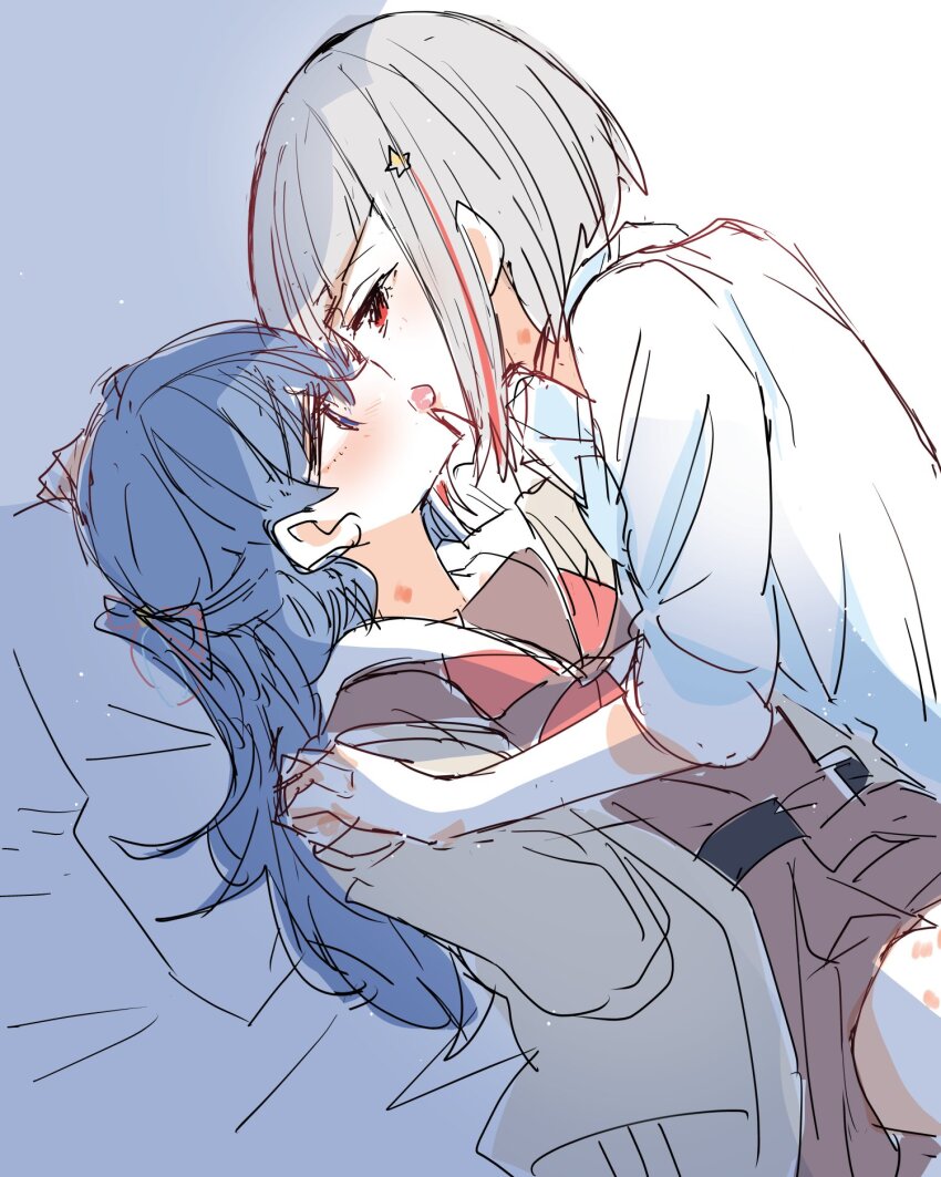 2girls blue_hair brown_cardigan brown_dress cardigan commentary_request dress french_kiss hasu_no_sora_school_uniform hickey highres holding_hands kanduki_kamibukuro kiss link!_like!_love_live! long_hair love_live! multicolored_hair multiple_girls murano_sayaka neckerchief red_eyes red_hair red_neckerchief school_uniform shirt sleeves_rolled_up streaked_hair tongue tongue_out white_hair white_shirt yugiri_tsuzuri yuri
