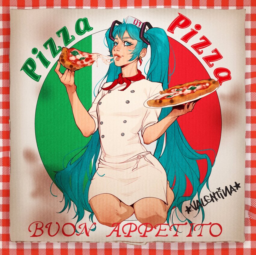 1girl alternate_costume artist_name bandana bandana_around_neck blue_eyes blue_hair hat hatsune_miku highres italian_flag kneeling ko-fi_username long_hair looking_at_viewer red_bandana shirt skirt solo twintails valentina_tavolilla vocaloid white_hat white_shirt white_skirt
