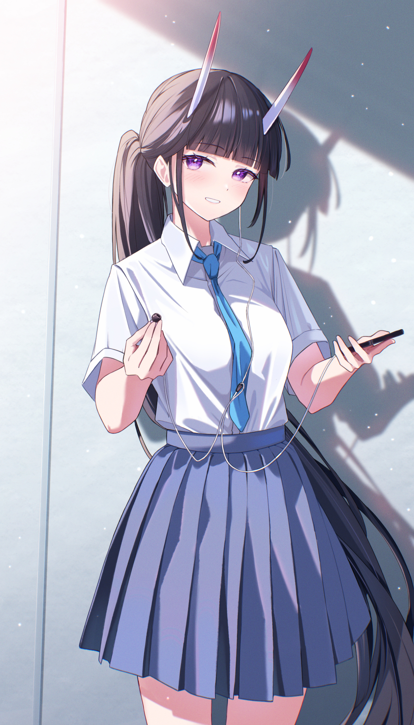 1girl absurdres azur_lane black_hair blue_necktie blue_skirt blunt_bangs blush breasts cellphone collared_shirt commentary day earphones giving highres holding holding_earphones holding_phone horns light_particles long_hair looking_at_viewer medium_breasts necktie noshiro_(azur_lane) open_mouth outdoors phone ponytail purple_eyes rubisco shirt shirt_tucked_in short_sleeves skirt smartphone smile solo standing thighs very_long_hair white_shirt