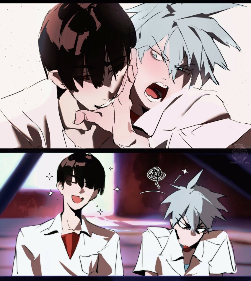 2boys alien_stage black_eyes black_hair collared_shirt commentary english_commentary fang fang_out green_eyes grey_hair highres ivan_(alien_stage) male_focus multiple_boys neon_genesis_evangelion open_mouth red_pupils red_shirt scene_reference shirt short_hair sparkle squiggle till_(alien_stage) uchiha_i_arts very_short_hair white_shirt