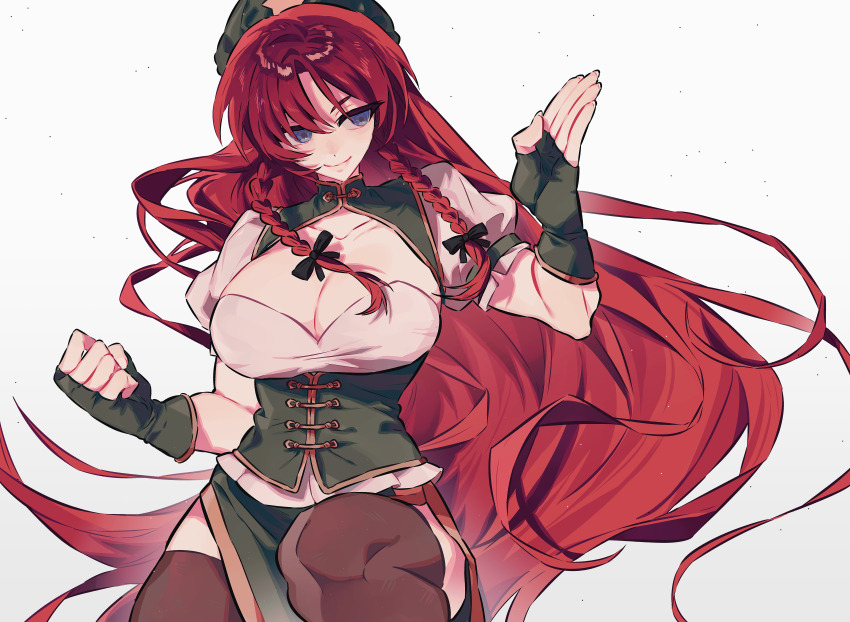 1girl absurdres bainian_haohe_(1565294040) black_ribbon blue_eyes braid braided_sidelock breast_cutout breasts brown_thighhighs chinese_commentary cleavage collarbone commentary feet_out_of_frame fighting_stance fingerless_gloves fingernails floating_hair framed_breasts gloves green_gloves green_skirt green_vest hair_ribbon highres hong_meiling large_breasts long_hair puffy_short_sleeves puffy_sleeves red_hair ribbon shirt short_sleeves simple_background skirt smile solo straight_hair thighhighs touhou twin_braids very_long_hair vest white_background white_shirt
