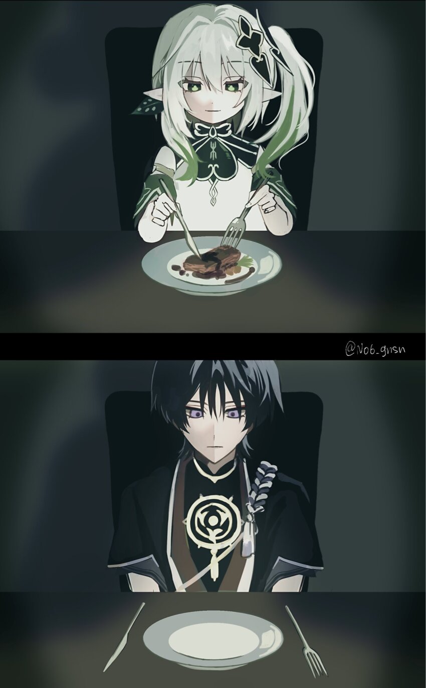 1boy 1girl armlet arms_at_sides asymmetrical_sidelocks black_bodysuit black_hair black_kimono black_sleeves blunt_ends bodysuit chair closed_mouth colored_tips cross-shaped_pupils detached_sleeves dress elbow_rest expressionless eyelashes fingernails food fork genshin_impact gold green_eyes green_hair green_pupils green_sleeves hair_between_eyes hair_ornament heart heart_hair_ornament highres holding holding_fork holding_knife japanese_clothes jewelry juban kimono knife layered_sleeves leaf leaf_hair_ornament light_smile long_hair looking_down mandarin_collar meat mitsudomoe_(shape) multicolored_hair nahida_(genshin_impact) neck_ring no6_gnsn plate pointy_ears purple_eyes purple_rope purple_sleeves red_kimono rope scaramouche_(genshin_impact) shimenawa short_sleeves side_ponytail sidelocks sitting split_screen symbol-shaped_pupils table table_knife tomoe_(symbol) tsurime twitter_username white_dress white_hair white_kimono white_rope white_trim wispy_bangs