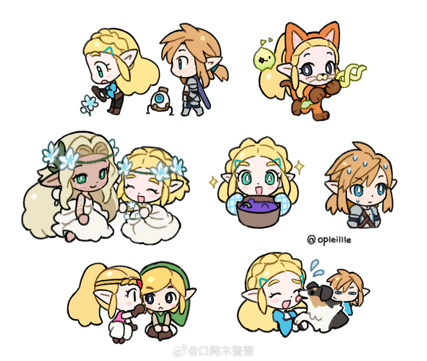 1boy 1girl animal_ears blonde_hair blue_eyes chibi couple dog full_body green_tunic highres hyrule_warriors:_age_of_calamity licking_another&#039;s_face link multiple_girls nintendo opleillle pointy_ears princess_zelda short_hair silent_princess skirt sonia_(zelda) sweatdrop terrako the_legend_of_zelda the_legend_of_zelda:_breath_of_the_wild the_legend_of_zelda:_echoes_of_wisdom the_legend_of_zelda:_tears_of_the_kingdom tri_(zelda) tunic white_background