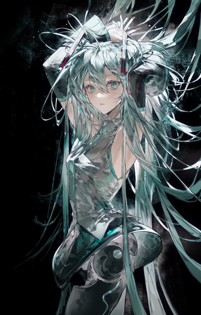 1girl :o absurdres android aqua_eyes aqua_hair aqua_necktie armpits arms_up black_background black_skirt black_sleeves breasts collared_shirt cowboy_shot detached_sleeves expressionless floating_headgear from_side hair_between_eyes hatsune_miku headgear highres joints light_particles long_hair looking_at_viewer looking_to_the_side mechabare mechanization messy_hair miniskirt necktie parted_lips robot_joints seams shirt sideways_glance simple_background skirt sleeveless sleeveless_shirt small_breasts solo very_long_hair vocaloid zhouliang48183