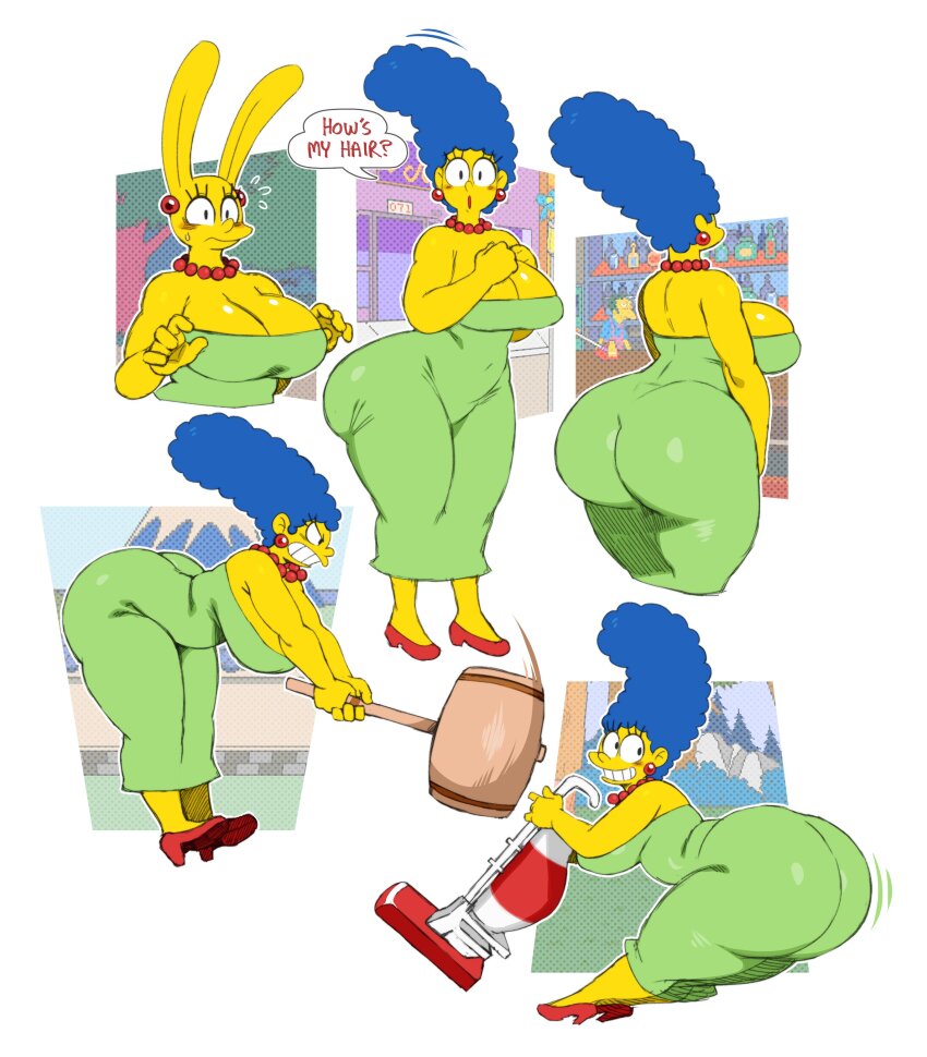 1girl 2025 absurdres angry animal_ears ass bare_shoulders beehive_hairdo bent_over blue_hair breasts cleavage colored_skin curvy dress earrings english_text eric_lowery eyelashes female_focus green_dress grin high_heels highres housewife huge_ass huge_breasts jewelry looking_at_viewer mallet marge_simpson mature_female multiple_views necklace outline pearl_necklace rabbit_ears red_shoes shoes simple_background smile speech_bubble sphere_earrings standing strapless strapless_dress surprised talking the_simpsons thick_thighs thighs vacuum_cleaner white_background white_outline yellow_skin
