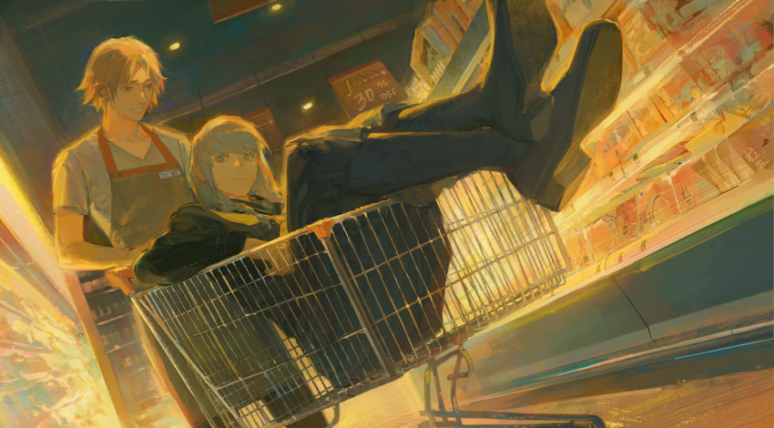 2boys absurdres apron braid brown_hair closed_mouth creamyghost crossdressing grey_apron grey_eyes grey_hair grocery_store hanamura_yousuke highres in_shopping_cart indoors looking_at_viewer male_focus multiple_boys narukami_yu persona persona_4 short_hair twin_braids wig