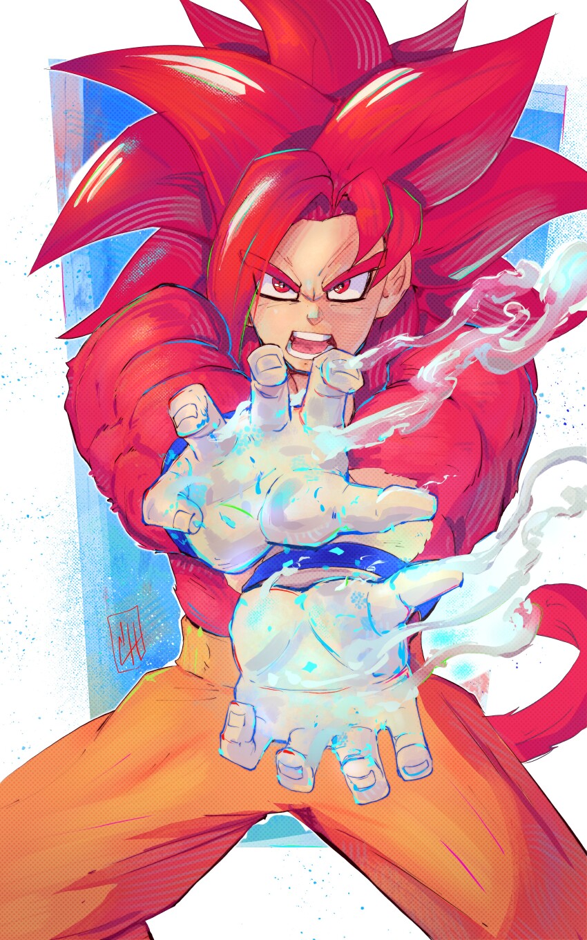 1boy absurdres blue_background boutsoftheblind dragon_ball dragon_ball_daima highres kamehameha_(dragon_ball) looking_at_viewer medium_hair monkey_boy monkey_tail open_mouth orange_pants pants red_eyes red_fur red_hair red_tail saiyan serious shirtless_male solo son_goku spiked_hair super_saiyan super_saiyan_4 tail