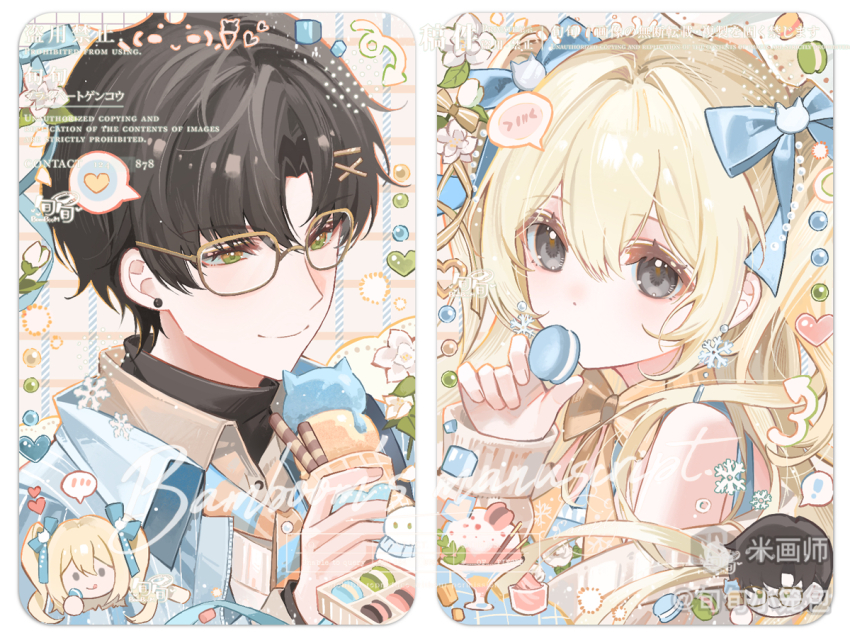 1boy 1girl bare_shoulders black_hair blonde_hair blue_bow blue_shirt border bow closed_mouth collared_shirt food grey_eyes hair_between_eyes hair_bow holding holding_food holding_ice_cream ice_cream long_hair macaron mihuashi_username original parted_bangs portrait shirt short_hair smile two_side_up white_border xun_xun_xiaolongbao