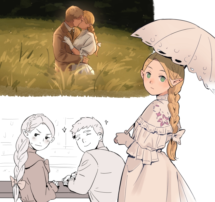 1boy 1girl ^_^ a_room_with_a_view black_necktie blonde_hair bow braid brown_jacket closed_eyes collared_shirt commentary double-parted_bangs dress dungeon_meshi elf english_commentary frills frown gloves grass green_eyes hetero highres holding holding_umbrella jacket kiss laios_touden light_blush light_brown_hair long_hair looking_to_the_side marcille_donato necktie parody pointy_ears shirt short_hair smile sparkle sweatdrop tedty33 umbrella white_bow white_dress white_gloves white_shirt white_umbrella