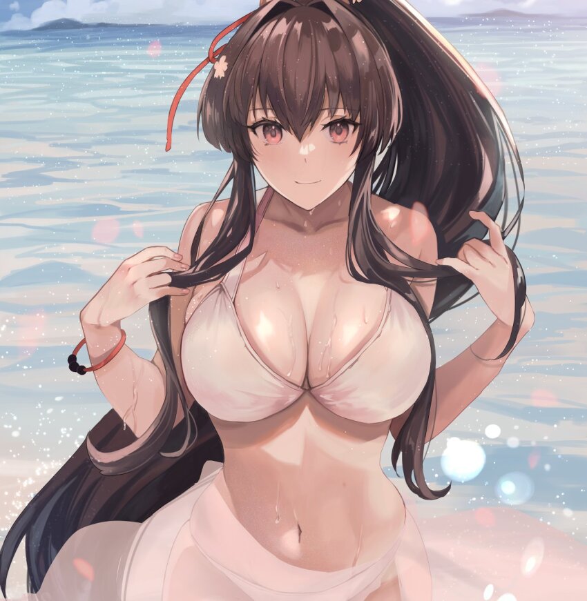 1girl alternate_costume bare_shoulders beach bikini blurry blush bokeh bracelet breasts brown_eyes brown_hair cherry_blossoms cleavage closed_mouth collarbone cowboy_shot day depth_of_field flower groin hair_between_eyes hair_flower hair_ornament hands_in_own_hair hashtag-only_commentary high_ponytail highres jewelry kantai_collection kasumi_(skchkko) large_breasts long_hair looking_at_viewer navel ocean outdoors ponytail sand sarong sidelocks sky smile solo stomach swimsuit very_long_hair water wet white_bikini yamato_(kancolle)