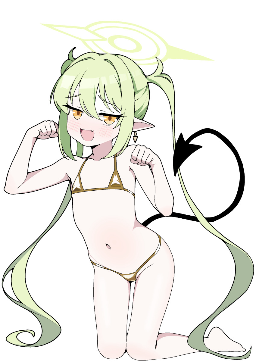 1girl absurdres bikini blue_archive demon_tail earrings fang flat_chest gold_bikini green_hair green_halo halo highres jewelry loli long_hair looking_at_viewer micro_bikini mikotyuso navel nozomi_(blue_archive) open_mouth pointy_ears simple_background sitting smug solo swimsuit tail thighs twintails very_long_hair white_background yellow_eyes