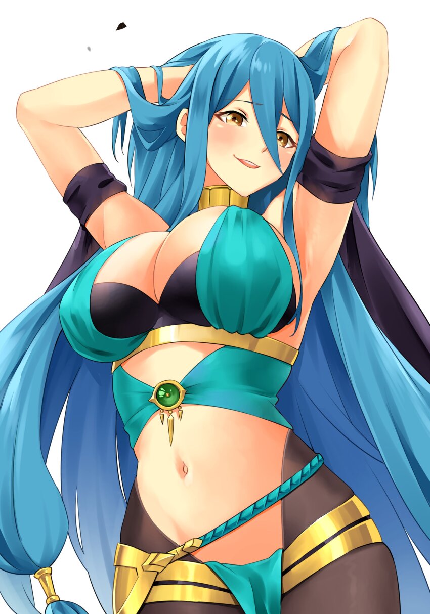 1girl absurdres alternate_breast_size alternate_costume armpits azura_(fire_emblem) black_pantyhose blue_hair blush breasts brown_eyes cleavage commentary commission cosplay dorothea_arnault dorothea_arnault_(cosplay) dorothea_arnault_(plegian) dorothea_arnault_(plegian)_(cosplay) english_commentary fire_emblem fire_emblem_fates fire_emblem_heroes hair_between_eyes hair_tubes hands_in_own_hair highres igni_tion large_breasts long_hair looking_at_viewer navel nintendo pantyhose pelvic_curtain second-party_source simple_background smile solo stomach very_long_hair white_background