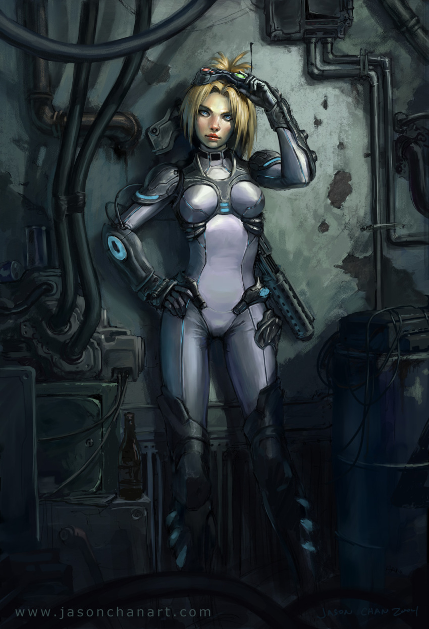 1girl armor blonde_hair blue_eyes bodysuit female_focus ghost_(starcraft) goggles gun head-mounted_display highres jason_chan nova_(starcraft) rifle solo starcraft terran weapon