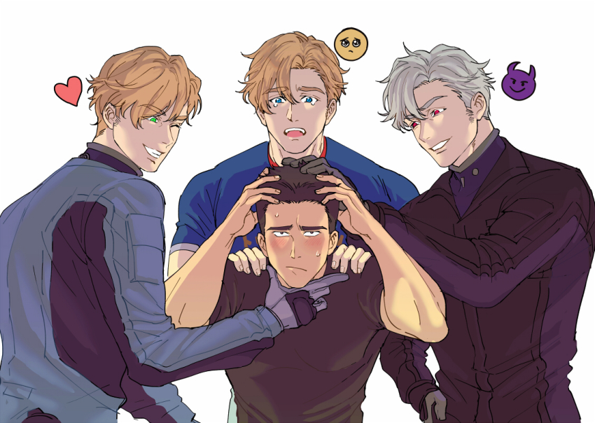 4boys ao_isami black_hair blonde_hair blush clone_harem couple dark_persona demon_emoji emoji evil_smile facial_hair flustered grin hand_on_another&#039;s_head heart leghair180 lewis_smith male_focus multiple_boys pectorals pleading_face_emoji sideburns_stubble smile stubble tearing_up thick_eyebrows toned toned_male upper_body yaoi yuuki_bakuhatsu_bang_bravern