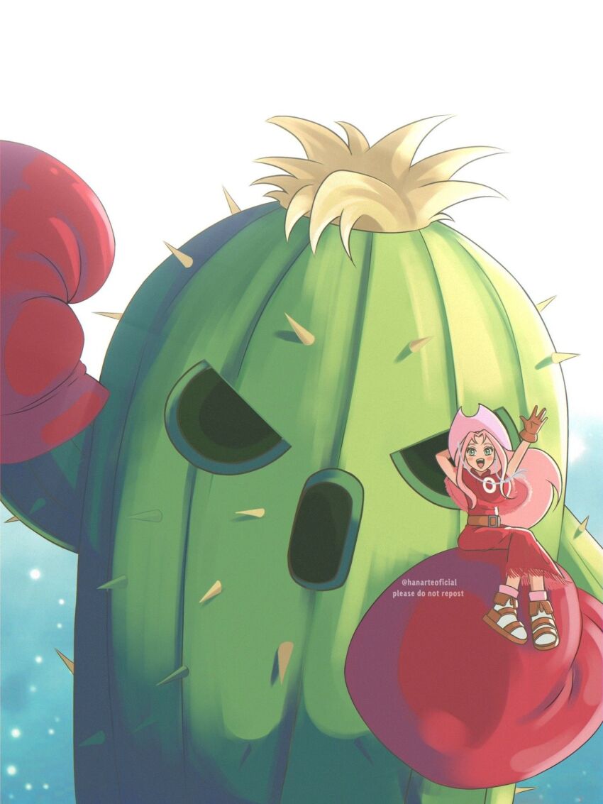 boxing_gloves cactus cosplay digimon digimon_(creature) haruno_sakura highres long_hair naruto_(series) plant spines tachikawa_mimi tachikawa_mimi_(cosplay) togemon