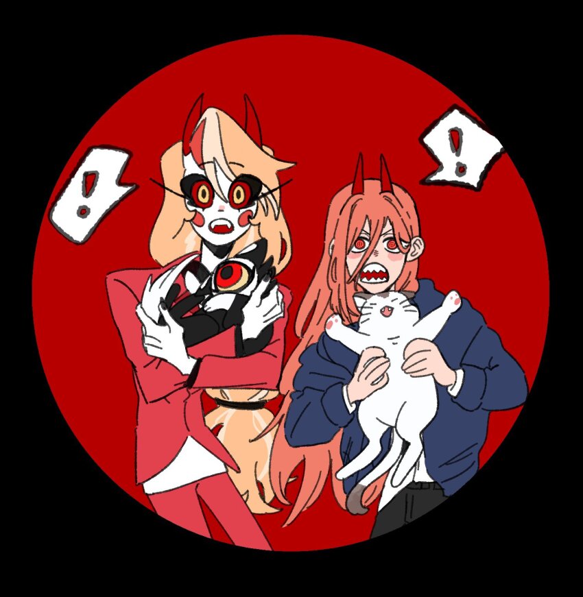 2girls blonde_hair blue_jacket cat chainsaw_man charlie_morningstar crossover demon_girl demon_horns formal_clothes hazbin_hotel highres horns jacket keekee_(hazbin_hotel) meowy_(chainsaw_man) multiple_girls pink_hair pink_suit power_(chainsaw_man) suit zinzzalife
