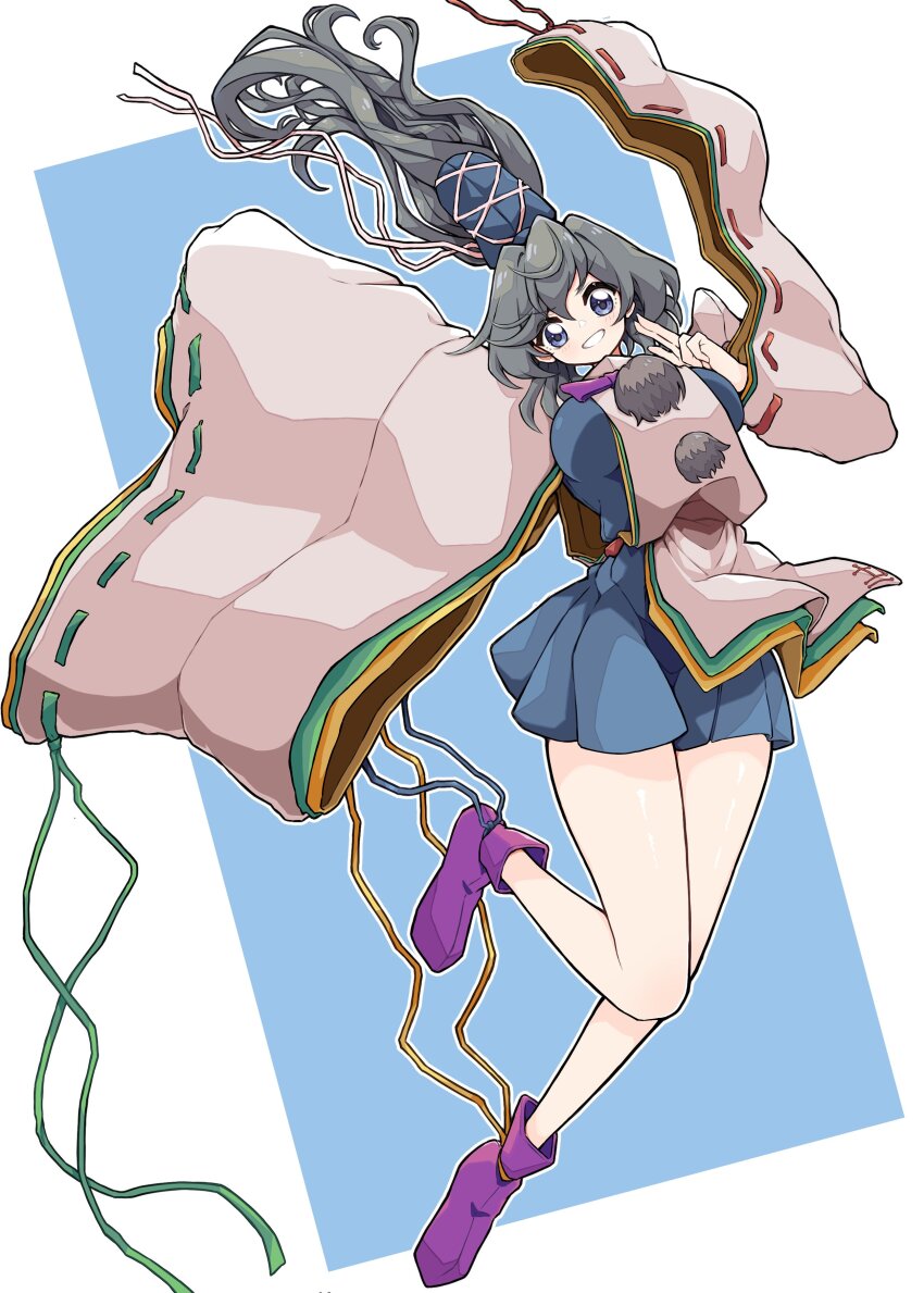 1girl absurdres blue_background blue_dress blue_eyes blue_hat blush boots breasts commentary_request detached_sleeves dress full_body grey_hair grin gurajio hat highres japanese_clothes kariginu large_breasts long_hair looking_at_viewer mononobe_no_futo pom_pom_(clothes) ponytail purple_boots ribbon-trimmed_sleeves ribbon_trim simple_background smile solo tate_eboshi touhou two-tone_background v-shaped_eyebrows white_background white_sleeves
