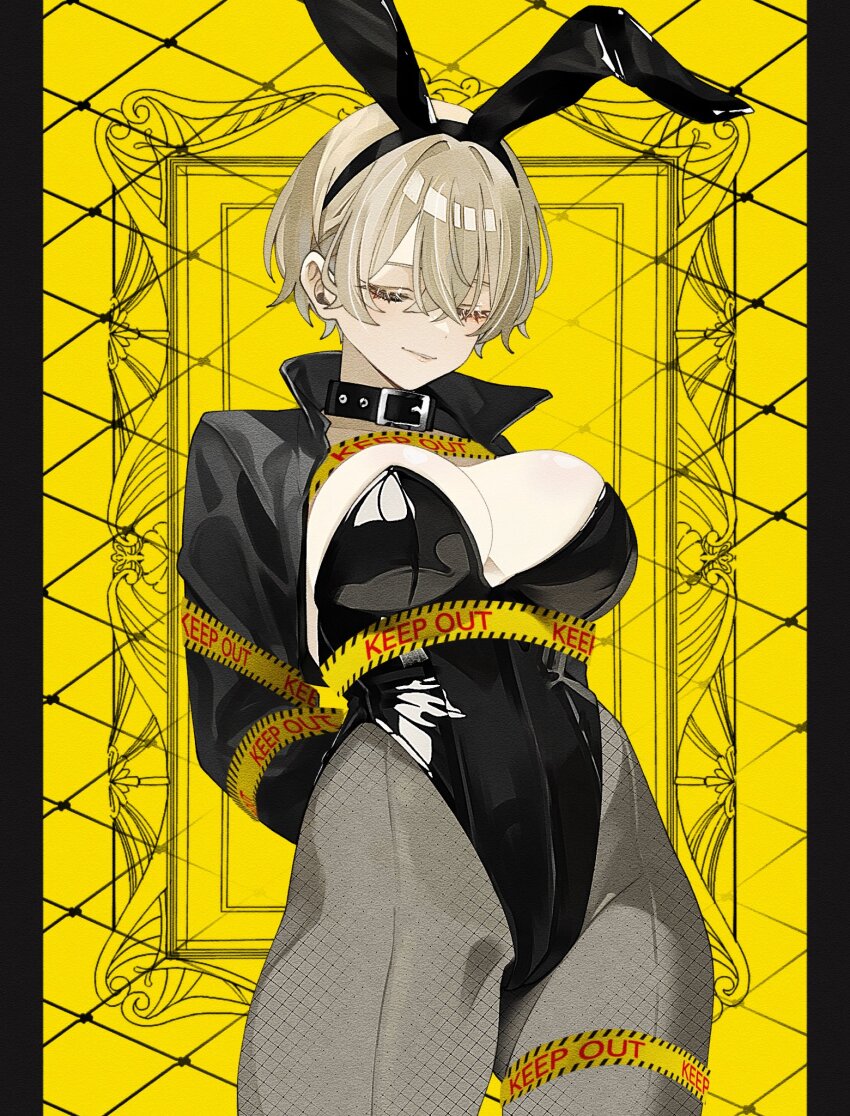 1girl animal_ear_hairband animal_ears arms_behind_back black_collar black_jacket black_leotard black_pantyhose blonde_hair breasts caution_tape closed_eyes closed_mouth collar commentary fake_animal_ears hairband highres jacket keep_out large_breasts leotard noah_200313 open_clothes open_jacket original pantyhose playboy_bunny short_hair solo strapless strapless_leotard symbol-only_commentary yellow_background