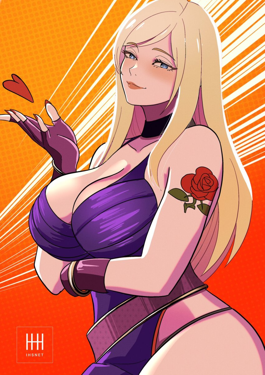 1girl arm_tattoo arm_under_breasts artist_name b._jenet bare_shoulders belt black_choker blonde_hair blowing_kiss blue_eyes blush bracelet breasts choker cleavage collarbone dress fatal_fury fatal_fury:_city_of_the_wolves female_focus fingerless_gloves gloves heart highres ihsnet jewelry large_breasts long_hair looking_at_viewer loose_belt nail_polish purple_dress purple_gloves seductive_gaze seductive_smile side_slit sidelocks sleeveless sleeveless_dress smile snk solo tattoo the_king_of_fighters