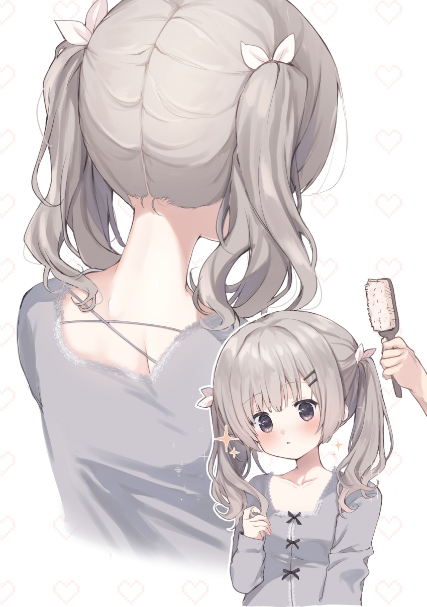 1girl 1other absurdres blush collarbone commentary from_behind grey_eyes grey_hair grey_shirt hair_brush hair_ornament hair_ribbon hairclip heart heart_background highres holding holding_hair_brush lace lace-trimmed_shirt lace_trim long_sleeves medium_hair multiple_views nape open_mouth original out_of_frame pixel_heart ribbon shirt sparkle takepoison twintails twirling_hair upper_body white_ribbon