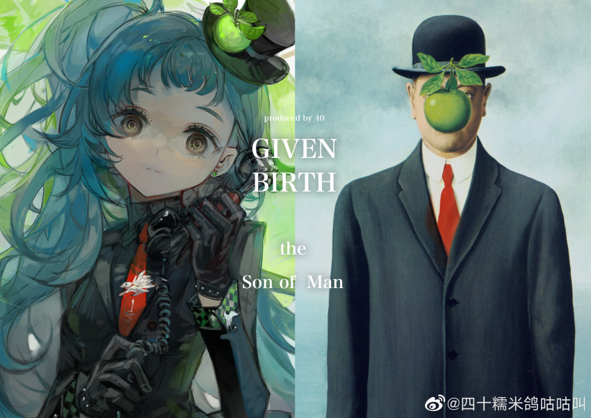 1girl absurdres apple apple_hat_ornament black_eyes black_gloves black_hat black_jacket black_shirt blazer blue_hair buttons chinese_commentary closed_mouth collared_jacket collared_shirt commentary_request corded_phone earrings empty_eyes expressionless eyelashes food frooooty fruit gloves green_apple green_background hand_up hat hat_ornament high_collar highres holding holding_phone jacket jewelry lapels long_hair long_sleeves looking_at_viewer mini_hat mini_top_hat necktie notched_lapels one_side_up original painting_(object) personification phone red_necktie ringed_eyes shirt sleeve_cuffs solo stud_earrings talking_on_phone the_son_of_man_(magritte) tie_clip top_hat upper_body very_long_hair watermark weibo_watermark