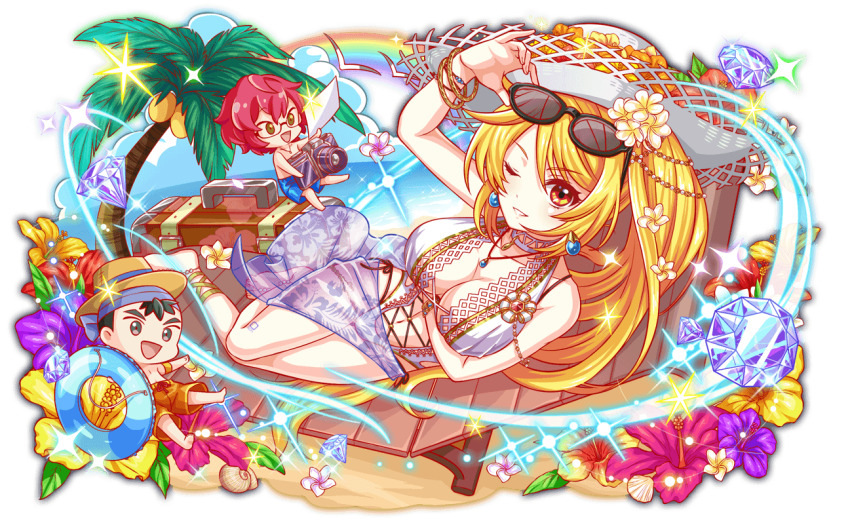 1girl 2boys :d adjusting_eyewear amulet animal_ears ankle_strap armlet artist_request bare_arms bare_legs bare_shoulders barefoot beach beach_chair beads black-framed_eyewear black_eyes black_hair blonde_eyebrows blonde_hair blue_headband blue_male_swimwear bracelet breasts brown_hat camera center_opening character_request chibi choker cleavage closed_mouth cloud coconut coconut_tree crash_fever cross-laced_clothes cross-laced_one-piece_swimsuit cross-laced_straps diamond_(gemstone) eyebrows eyewear_on_head floral_print_sarong flower flower_ornament full_body game_cg gold_bracelet golden_armlet hair_between_eyes hand_on_eyewear happy hat hat_flower headband hibiscus holding holding_camera holding_swim_ring hong_gildong innertube jeon_woochi jewelry knees_together_feet_apart large_breasts leaf leg_tattoo light_particles long_hair looking_ahead looking_at_another looking_at_viewer lying male_swimwear multiple_boys navel necklace o-ring o-ring_swimsuit ocean official_art on_chair on_side one-piece_swimsuit one_eye_closed open_mouth orange_male_swimwear outline palm_leaf palm_tree pink_flower purple_flower rainbow red_eyes red_flower red_hair red_outline sand sarong saturated see-through_clothes see-through_sarong semi-rimless_eyewear short_hair smile sparkle square square_print strap suitcase sun_hat sunglasses swim_ring swimsuit tachi-e tattoo teeth thick_eyebrows transparent_background tree vacation very_long_hair water white_choker white_flower white_hat white_one-piece_swimsuit white_sarong yellow_flower