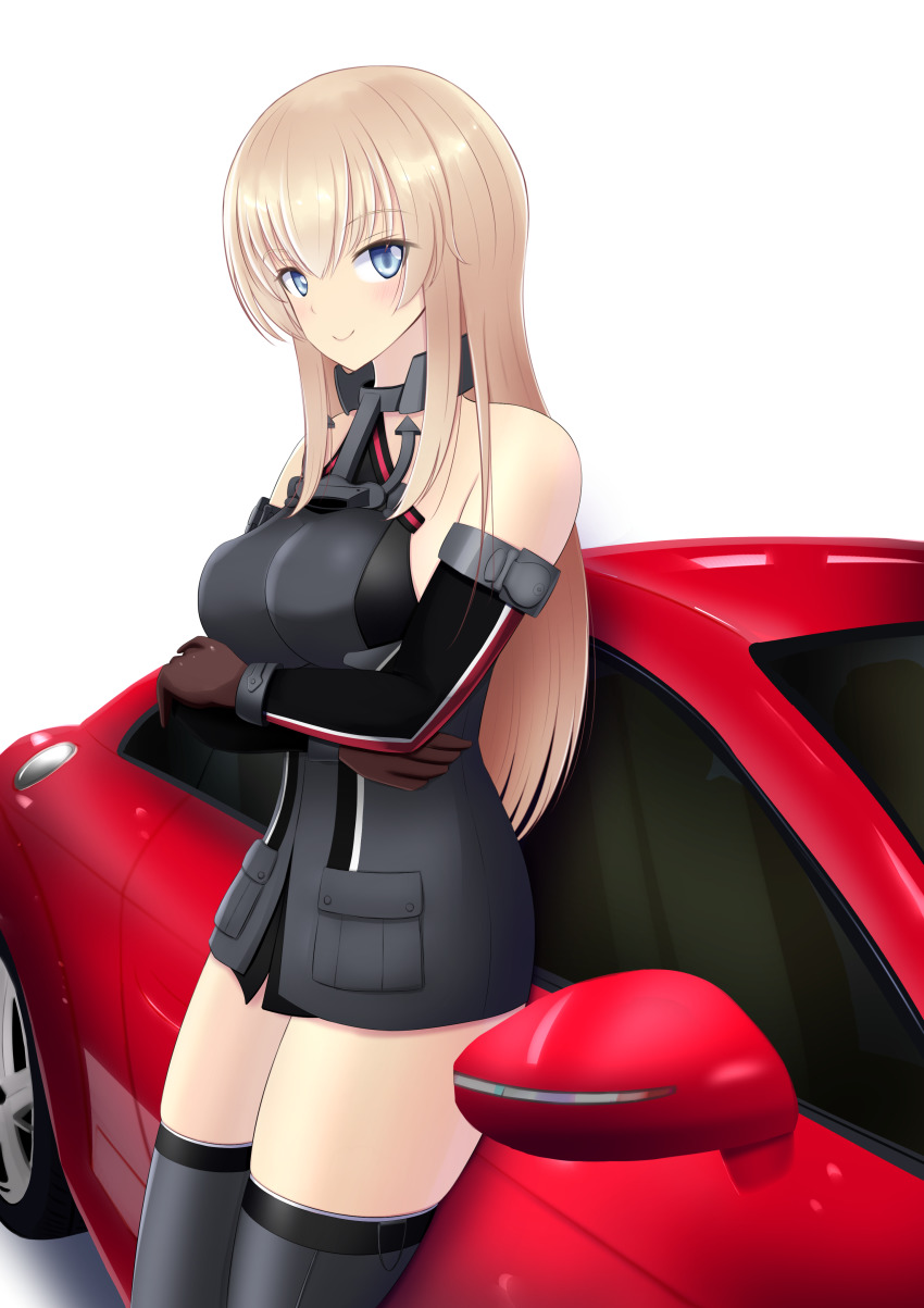 1girl absurdres anchor bismarck_(kancolle) blonde_hair blue_eyes breasts brown_gloves car detached_sleeves gloves grey_thighhighs highres kantai_collection large_breasts leaning_on_object military military_uniform motor_vehicle nokonoko sidelocks smile solo standing thighhighs
