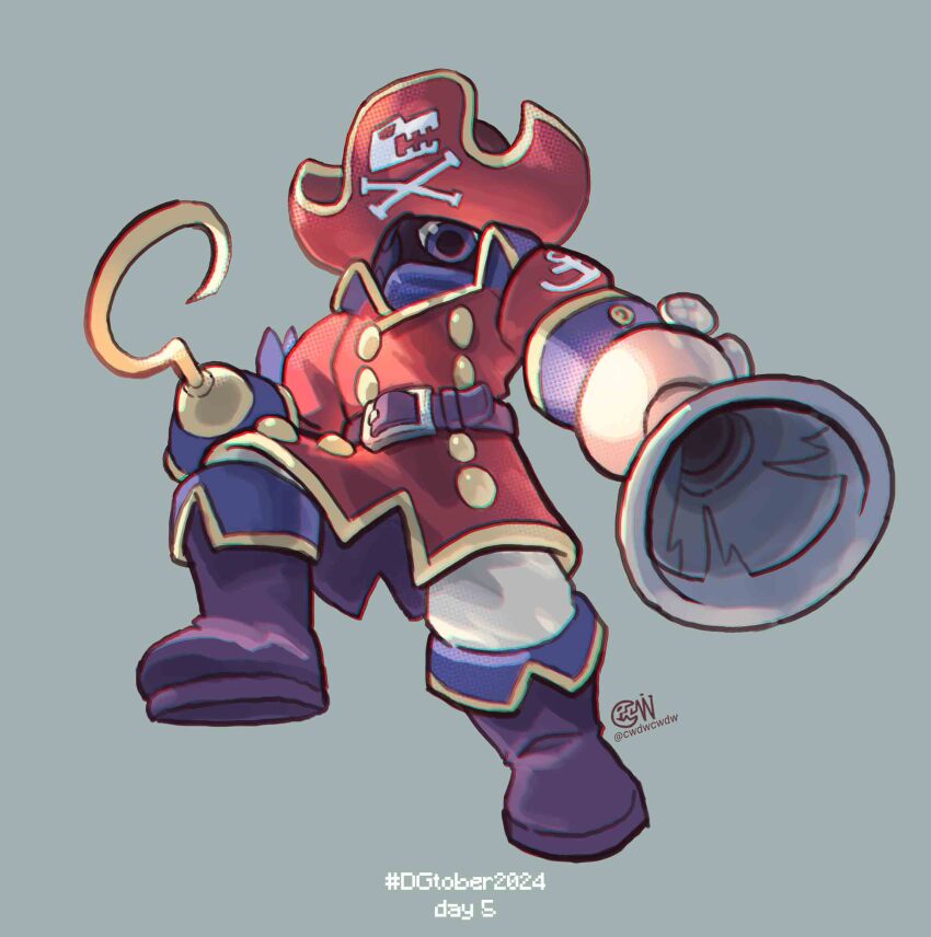 absurdres arm_cannon artist_logo blue_eyes coat commentary cwdw digimon digimon_(creature) english_text hat highres hook_hand hookmon logo pirate_hat red_coat red_hat solo weapon