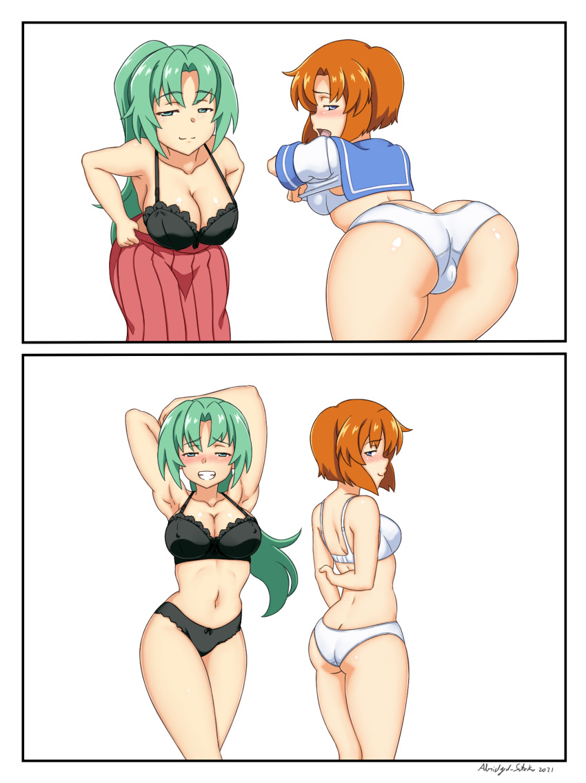2girls abridged-satoko armpits ass ass_focus black_bra black_panties blush bra breasts butt_crack cleavage green_hair highres higurashi_no_naku_koro_ni large_breasts multiple_girls panties red_hair ryuuguu_rena sonozaki_mion underwear undressing white_bra white_panties