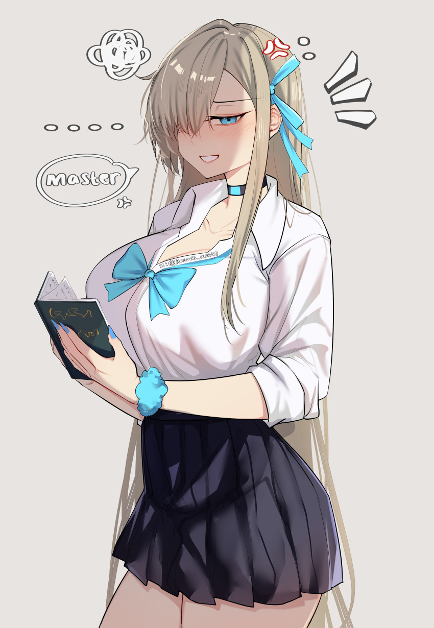 1girl absurdres anandaname angry asuna_(blue_archive) asuna_(school_uniform)_(blue_archive) black_skirt blonde_hair blue_archive blue_bow blue_bowtie blue_eyes blue_halo blue_nails blush book bow bowtie breasts choker cleavage collarbone hair_over_one_eye hair_ribbon halo highres holding holding_book large_breasts long_hair looking_at_viewer loose_bowtie nail_polish pleated_skirt ribbon school_uniform scrunchie shirt skirt sleeves_rolled_up smile solo very_long_hair white_shirt wrist_scrunchie