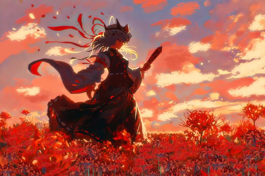 1girl absurdres cloud commentary field flower flower_field from_side full_body green_hair hat highres juliet_sleeves landscape long_sleeves medium_hair outdoors puffy_sleeves red_flower rod_of_remorse shiki_eiki sky solo spider_lily standing touhou vest xiirus