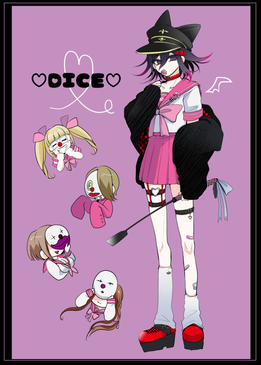 2boys 3girls alternate_costume animal_ear_headwear bandaid bandaid_on_leg bat_wings black_border black_hair black_hat black_jacket border candy choker clown_mask collarbone commentary_request crossdressing danganronpa_(series) danganronpa_v3:_killing_harmony dice_members_(danganronpa) eyelashes fake_animal_ears flipped_hair food food-themed_hair_ornament full_body hair_between_eyes hair_ornament hat heart heart_choker highres holding holding_candy holding_food holding_lollipop holding_riding_crop jacket lollipop long_hair long_sleeves looking_at_viewer loose_socks male_focus mask medium_hair multiple_boys multiple_girls neckerchief oma_kokichi open_clothes open_jacket open_mouth pink_background pink_neckerchief pink_ribbon pink_sailor_collar pink_skirt pleated_skirt purple_background purple_eyes purple_hair red_choker ribbon riding_crop sailor_collar school_uniform skirt socks standing strawberry_hair_ornament suzuko_(katahaba_v3) trap twintails upper_body wings