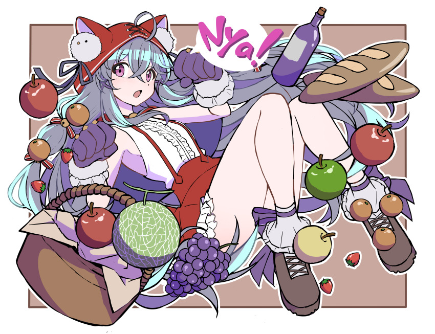 absurdres animal_ear_hood animal_ears apple baguette bare_legs bare_shoulders bottle bread brown_dust_(series) brown_dust_2 cross-laced_footwear fake_animal_ears falling food frilled_skirt frills fruit gloves grapes green_apple highres hood long_hair melon paw_pose picnic_basket ribbon ribbon_shoes rou_(brown_dust) rou_(red_hat)_(brown_dust) skirt strawberry urota_shimapann very_long_hair